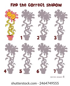 Find the correct shadow. Educational game for kids. Attention task. Choose right silhouette. Funny cartoon character. Worksheet page. Activity book. Vector illustration