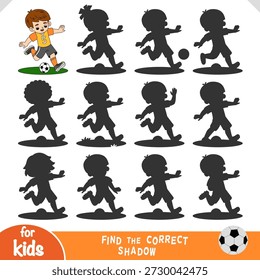 Find the correct shadow educational game for kids. Cute cartoon football boy is running and kicking a ball. Vector illustration. Fun logic worksheet for preschool activities and sports themed projects