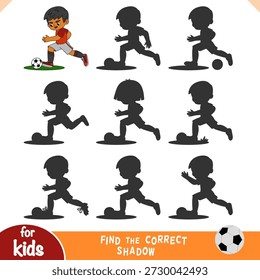 Encontre o jogo educativo de sombra correto para crianças. Bonito menino de futebol dos desenhos animados está correndo e chutando uma bola. Ilustração vetorial. Planilha lógica divertida para atividades pré-escolares e projetos temáticos esportivos