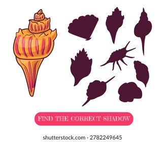 Find the correct shadow educational game with colorful seashell. Printable preschool worksheet for kindergarten children to develop logic, attention and visual perception skills