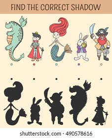  Find the correct shadow. Educational game for children. Vector hand drawn doodle illustration. Cartoon characters fairy tales.