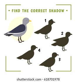 Find the Correct Shadow. Educational Game for Preschool Children. Cute seagull.