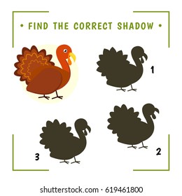 Find the Correct Shadow. Educational Game for Preschool Children. Cute turkey.