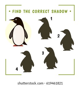 Find the Correct Shadow. Educational Game for Preschool Children. Cute penguin.