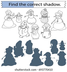 Find the correct shadow. Educational game for children. Funny snowmen. Black and white vector illustration.