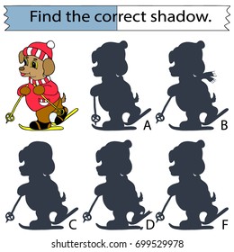 Find the correct shadow. Educational game for children.  The dog on skis.  Vector illustration.