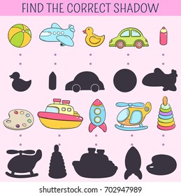 Find the correct shadow. Educational game for children. Vector hand drawn doodle illustration. Cartoon kids toys