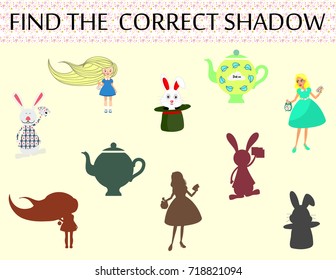 Find the correct shadow. Educational game for children. Cartoon vector illustration. Kindergarten Worksheet.