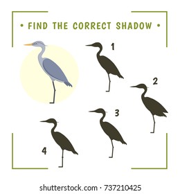 Find the Correct Shadow. Educational Game for Preschool Children. Cute heron.