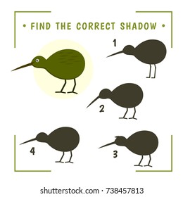 Find the Correct Shadow. Educational Game for Preschool Children. Cute kiwi bird.