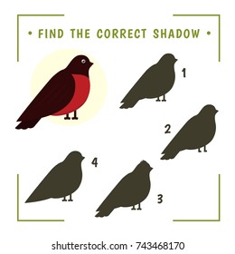 Find the Correct Shadow. Educational Game for Preschool Children. Cute bullfinch.