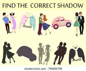 Find the correct shadow. Educational game for children. Cartoon Valentines day vector illustration. Kindergarten Worksheet.