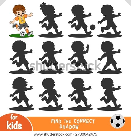 Find the correct shadow educational game for kids. Cute cartoon football boy is running and kicking a ball. Vector illustration. Fun logic worksheet for preschool activities and sports themed projects