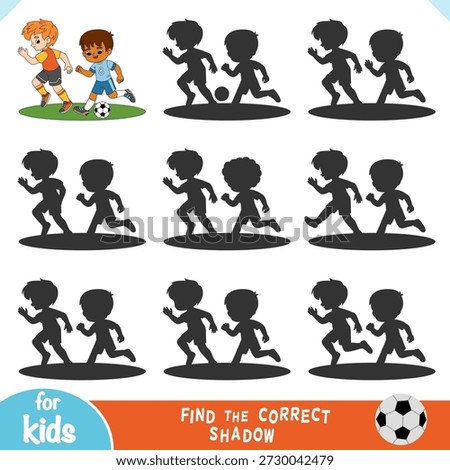 Find the correct shadow educational game for kids. Two cute cartoon football boys running and kicking the ball. Fun logic worksheet for preschool activities and sporty children games.