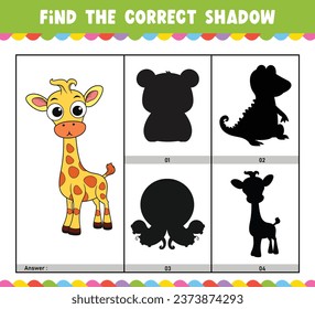 Find the correct shadow educational shadow match game worksheet for kids cartoon vector illustration