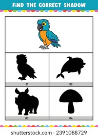 Find the correct shadow educational shadow match game worksheet for kids cartoon vector illustration
