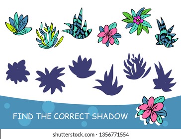 Find the correct shadow. Educational matching game for children. Cartoon vector illustration.