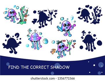 Find the correct shadow. Educational matching game for children. Cartoon vector illustration.