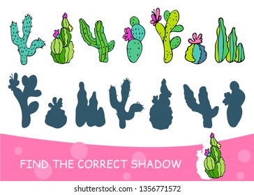 Find the correct shadow. Educational matching game for children. Cartoon vector illustration.