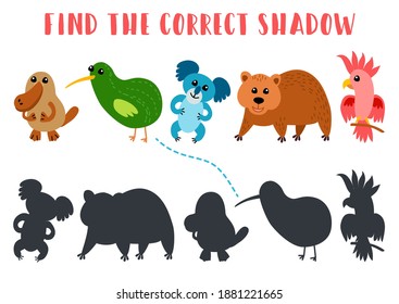 Find the correct shadow. Educational matching game for children. Kids learning game. Preschool worksheet activity. Cartoon animals platypus, kiwi, koala, wombat, snake