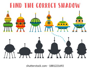 Find the correct shadow. Educational matching game for children. Kids learning game. Preschool worksheet activity. Cartoon various spaceships and satellites