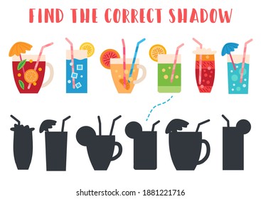 Find the correct shadow. Educational matching game for children. Kids learning game. Preschool worksheet activity. Cartoon drinks, cocktails