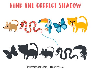 Find the correct shadow. Educational matching game for children. Kids learning game. Preschool worksheet activity. Cartoon animals possum, snake, toucan, butterfly, puma