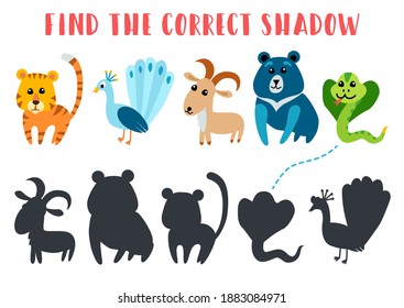 Find the correct shadow. Educational matching game for children. Kids learning game. Preschool worksheet activity. Cartoon animals tiger, peacock, goat, bear, snake