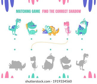 Find the Correct Shadow, Educational Matching Game for Kids with Cute Dinosaurs Vector illustration