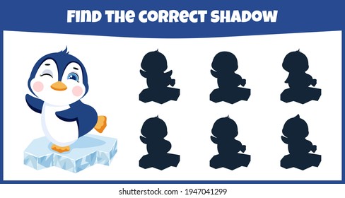 Find the correct shadow. Educational matching game for children with cute penguin.