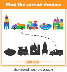 Find The Correct Shadow. Educational Matching Game For Children. Set Of Kids Toys Rocket, Car, Train, Ship.