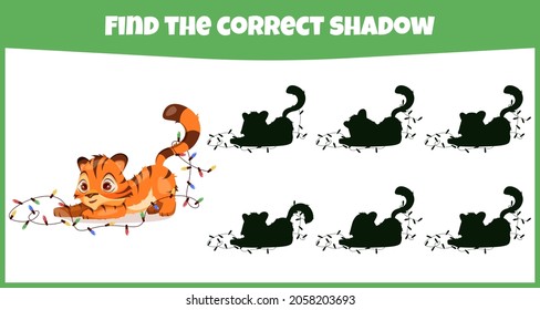 Find the correct shadow. Educational matching game for children with cute tiger.
