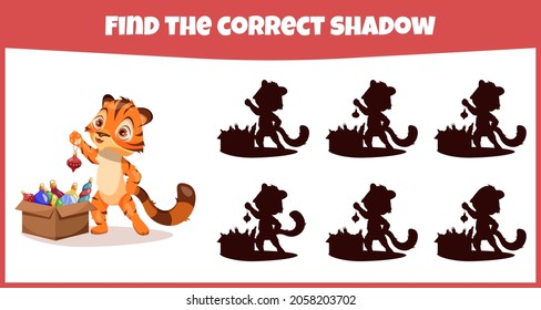 Find the correct shadow. Educational matching game for children with cute tiger.