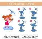 Find correct shadow. Educational puzzle game for children. Cute little girl paint picture. Cartoon characters. Vector illustration.