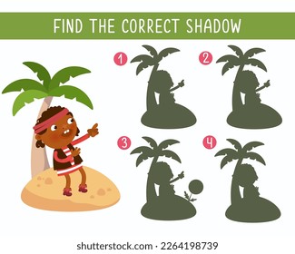 Find correct shadow. Educational puzzle game for children. Cute African American girl in pirate costume. Vector cartoon illustration.