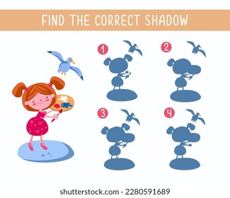 Buscar sombra correcta. Juego de rompecabezas educativo para niños. Una linda foto de pintura de niña. Personajes de caricatura. Ilustración vectorial.