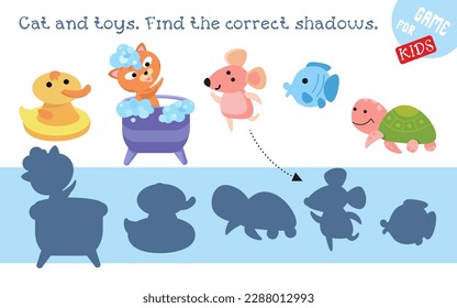 Find correct shadow. Educational puzzle game for children. Cute cat with toys in bath. Animals in cartoon style. Vector illustration.