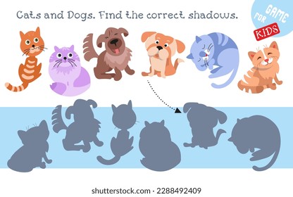 Find correct shadow. Educational puzzle game for children. Set of cute cats and dogs. Isolated funny characters, collection on white background. Vector illustration for design.