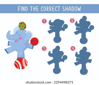 Find correct shadow. Educational puzzle game for children. Cute elephant juggling balls in circus. Color vector illustration.