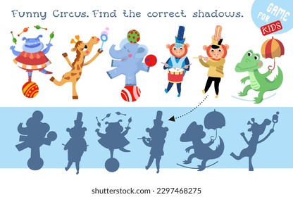 Find correct shadow. Educational puzzle game for children. Set of cute circus animals. Cartoon isolated character for design on white background. Vector illustration.