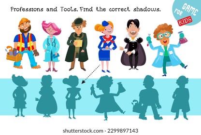 Find correct shadow. Educational puzzle game for children. Cute cartoon characters from various professions in uniform with tools. Isolated vector illustrations on white background. 