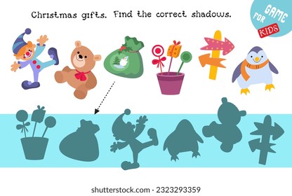 Find correct shadow. Educational puzzle game for children. Cute cartoon characters. Christmas gifts. Isolated vector illustrations on white background. 