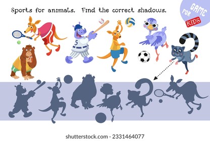 Find correct shadow. Educational puzzle game for children. Set cute animals playing sports. Vector cartoon isolated illustrations on white background. Funny animals in sports costumes. 