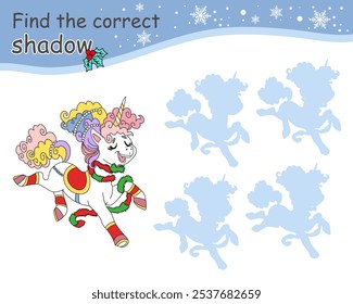 Encuentra la sombra correcta. Juego de rompecabezas educativo para niños. Lindo unicornio. Concepto de Navidad de invierno. Caricatura. Actividad, juego de lógica, tarjeta de aprendizaje con tarea para niños, Ilustración vectorial