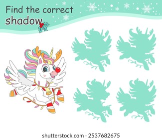 Encuentra la sombra correcta. Juego educativo del rompecabezas con el unicornio lindo con la guirnalda. Concepto de Navidad de invierno. Caricatura. Actividad, juego de lógica, tarjeta de aprendizaje con tarea para niños, Ilustración vectorial