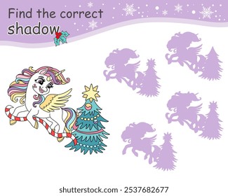 Find correct shadow. Educational puzzle game for kids. Cute unicorn decorating Christmas tree. Winter concept. Cartoon character. Activity, logic game, learning card with task vector illustration