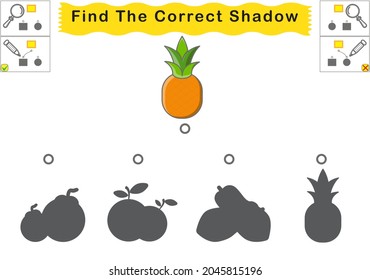 Find the correct shadow, educational visual game. pineapple. visual exercise sheets for kids. Vector illustration. fun games. for boy, girls, children, kindergarten, preschool, young. tropical,