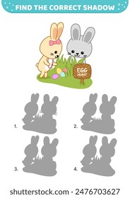 Find the correct shadow. Egg hunt. Bunnies is searching eggs. Shadow matching game. Cartoon. Isolated vector illustration eps 10