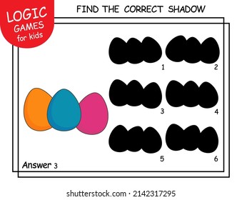 Find the correct shadow Eggs. Cute cartoon Easter Eggs. Shadow matching game for children. Logic Game for Kids. Education card or worksheet for school children. Task with answer. Spring holiday.