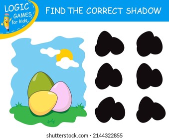 Find the correct shadow Eggs. Cute cartoon Easter Eggs. Shadow matching game for children. Logic Game for Kids. Education card or worksheet for school children. Task with answer. Happy Easter holiday.